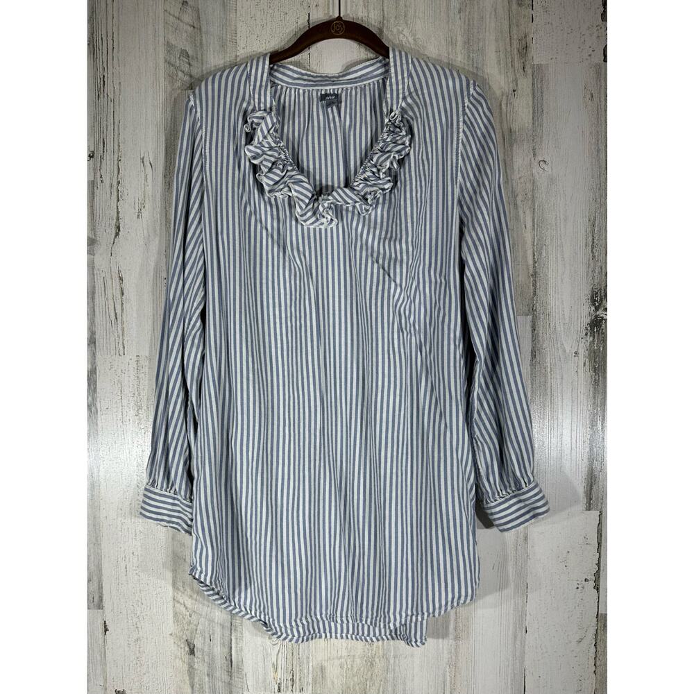 Aerie Tunic Top Size Large Blue White Stripe Ruffle Collar Cotton Blend